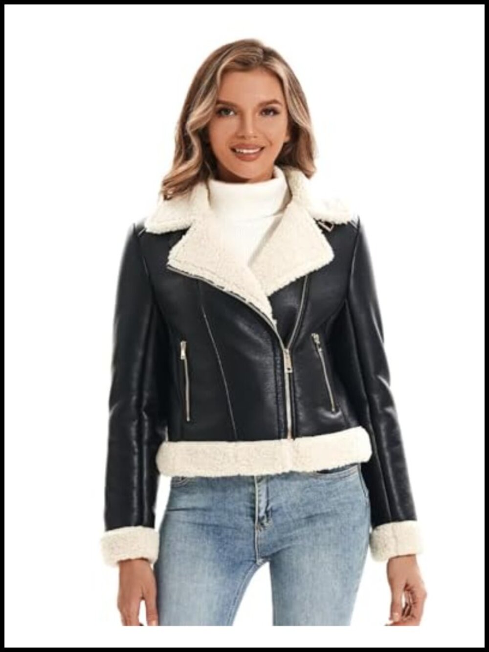 Faux Leather Jacket Womens Sherpa Lined Moto Cropped Winter Coat